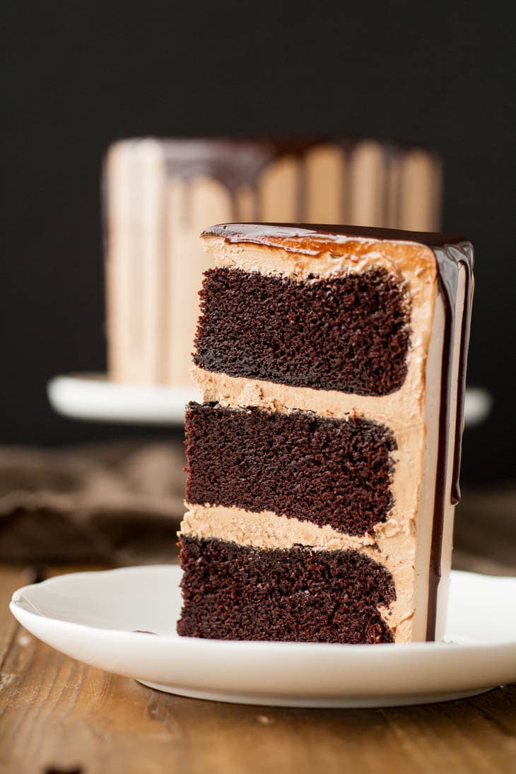 Mocha Cake! A rich dark chocolate cake with a silky mocha swiss meringue buttercream. | livforcake.com Close up of a slice of Mocha cake with Mocha buttercream